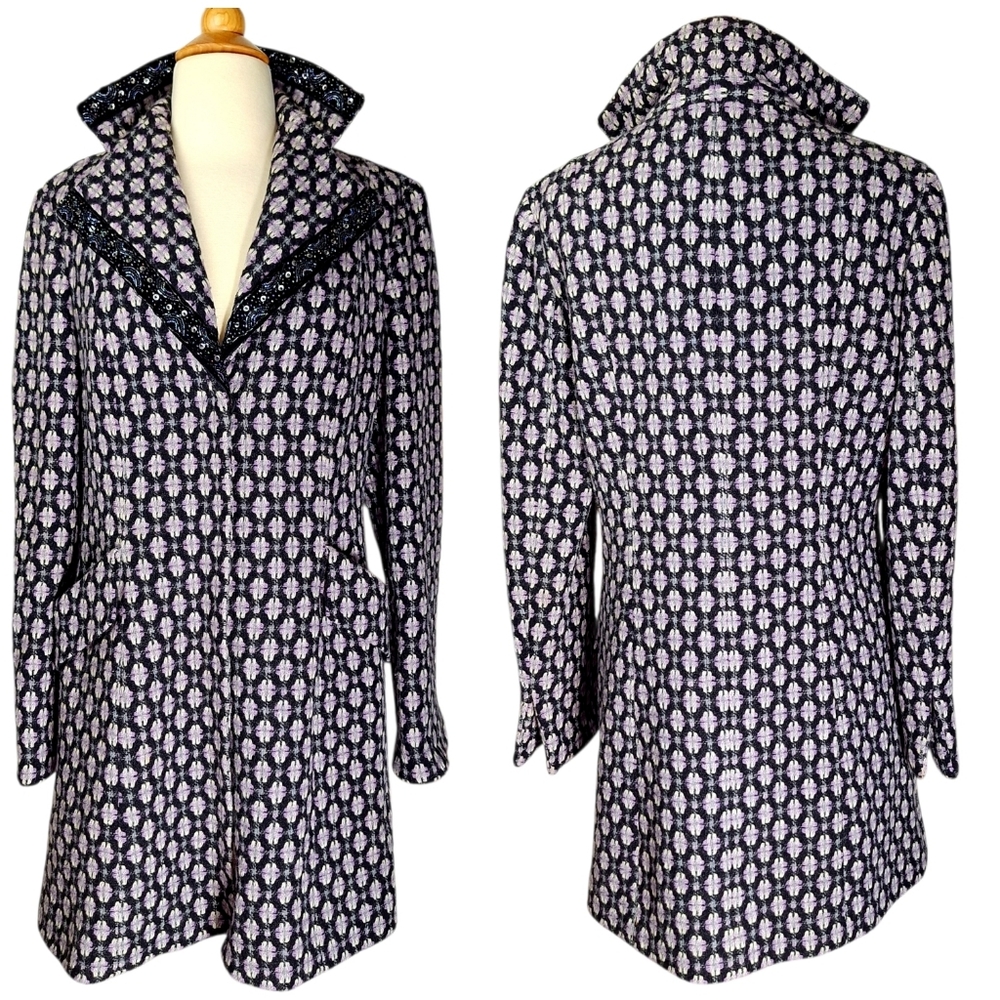 Vintage Y2K Wool Blend Tweed Plaid Coat Womens Medium Sequins Purple Whimsigoth